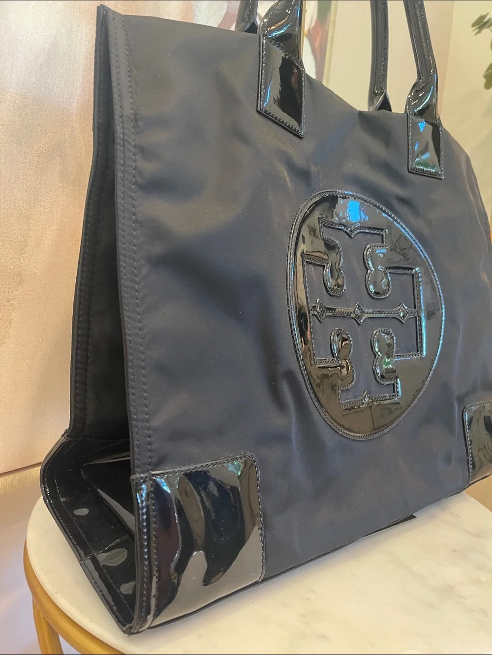 NWOT Tory Burch Black Nylon Tote with Patent Trim